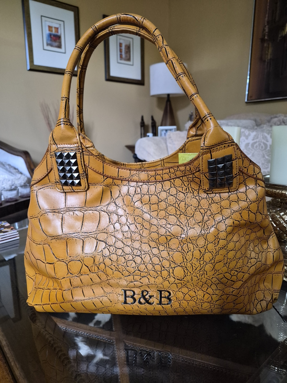 B&B Mustard Croc-Embossed Shoulder Bag with Stud Accents